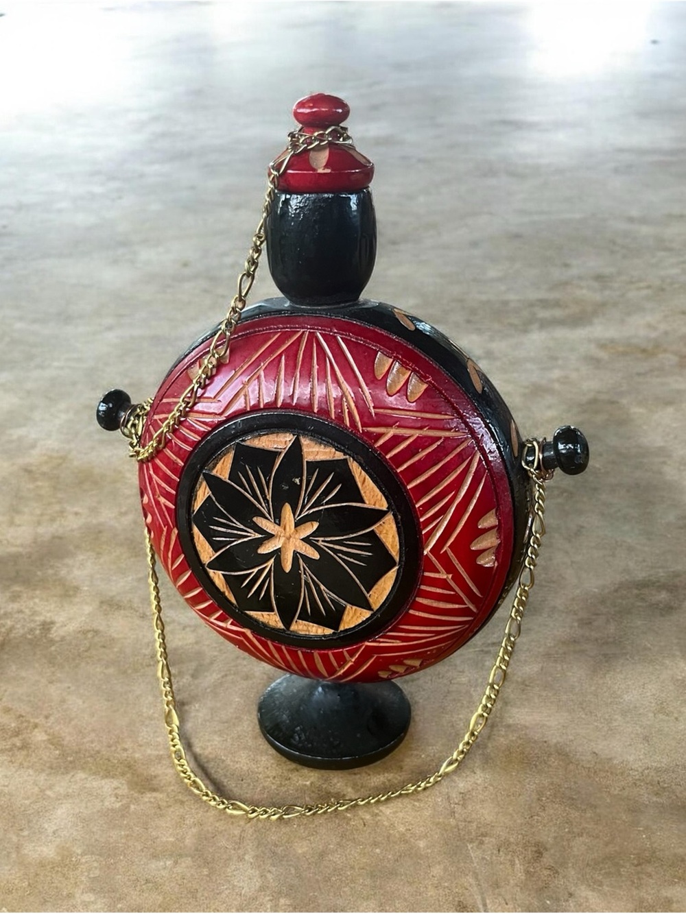 Handcrafted, decorative wooden flask from Albania